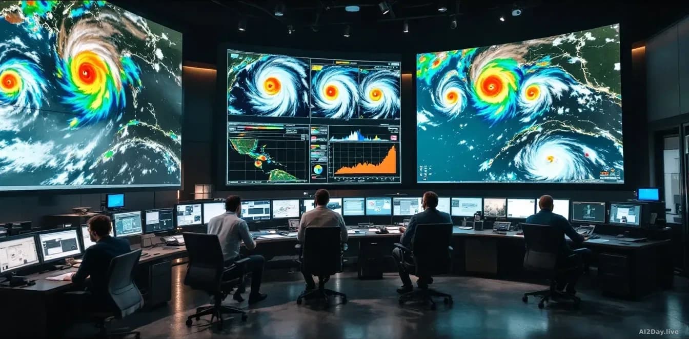 A weather monitoring station with satellite imagery displayed on large screens showing hurricane track predictions and forecast models, with meteorologists revi