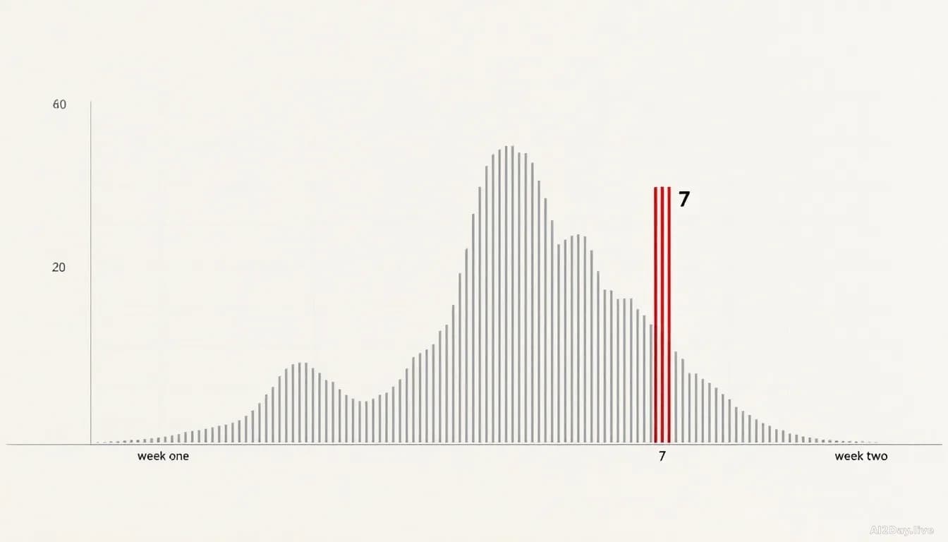 Abstract minimalist chart: a flat horizontal line at zero for week one, then a sharp vertical spike to a small labelled bar marked 7 for week two, on a pale bac