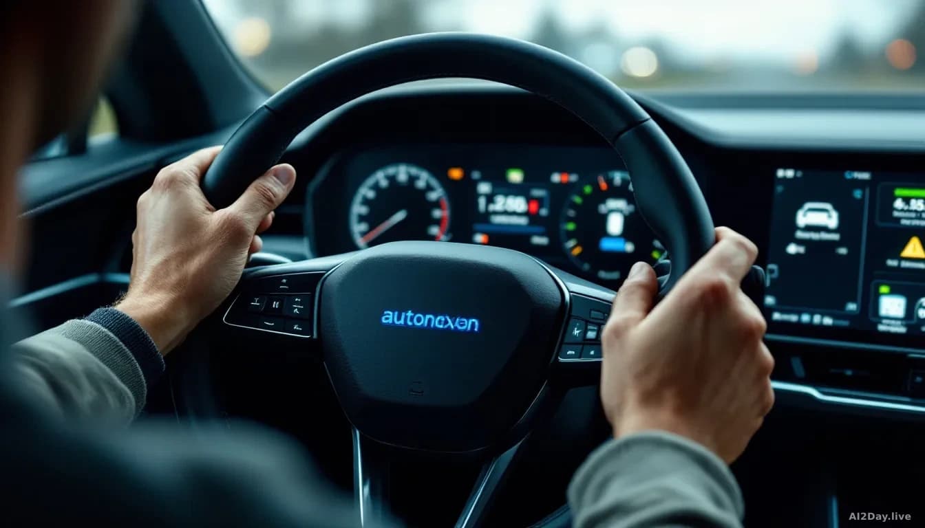 A person's hands positioned at the steering wheel of a modern car, with the dashboard showing autonomous driving features and lane-keeping systems active, viewe