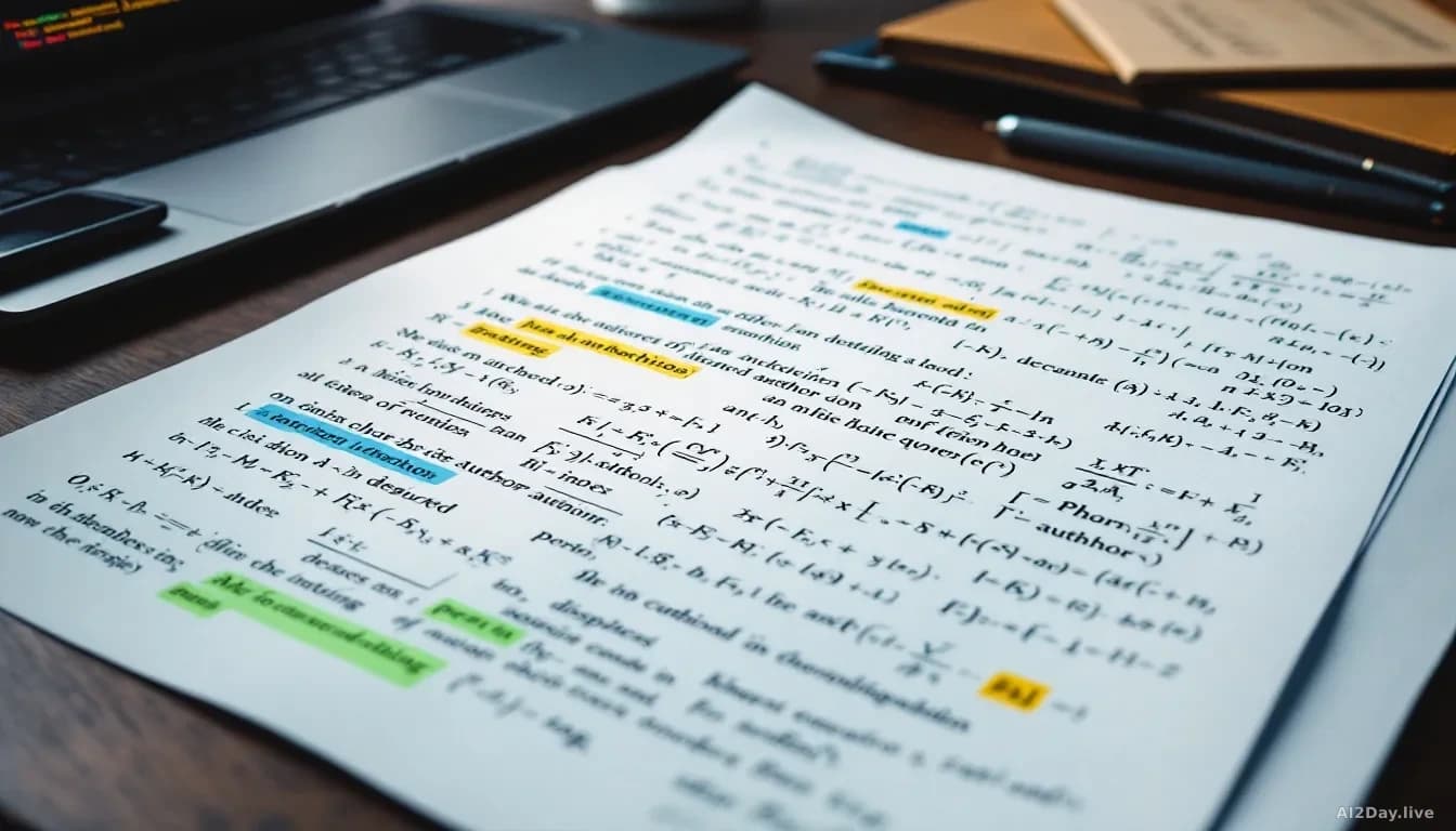 A mathematics research paper spread open on a desk with complex equations and formulas highlighted, a laptop beside it showing academic chat conversations and d