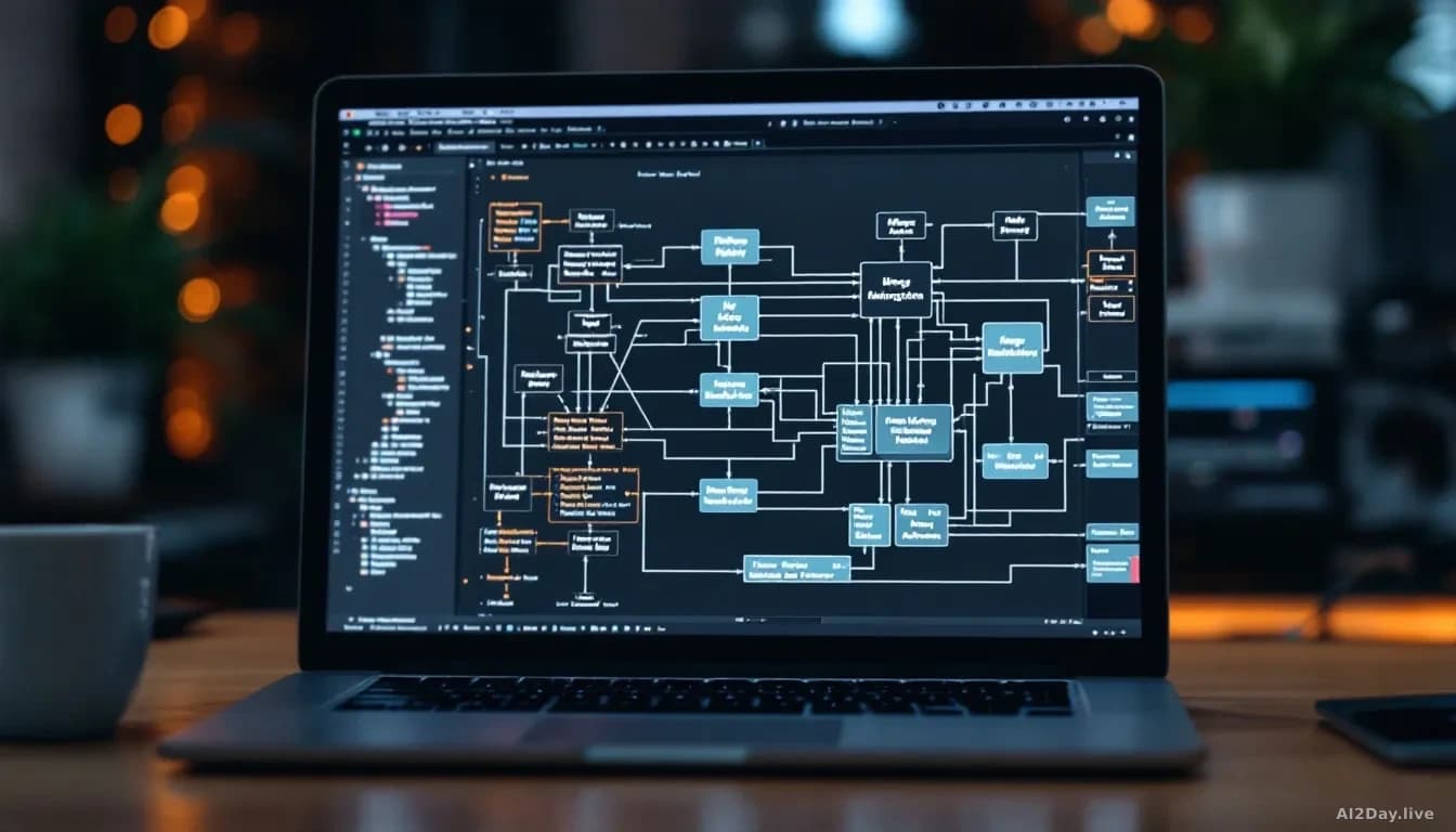 A laptop screen displaying an intricate node-based visual programming interface with interconnected blocks representing image and video processing pipelines arr