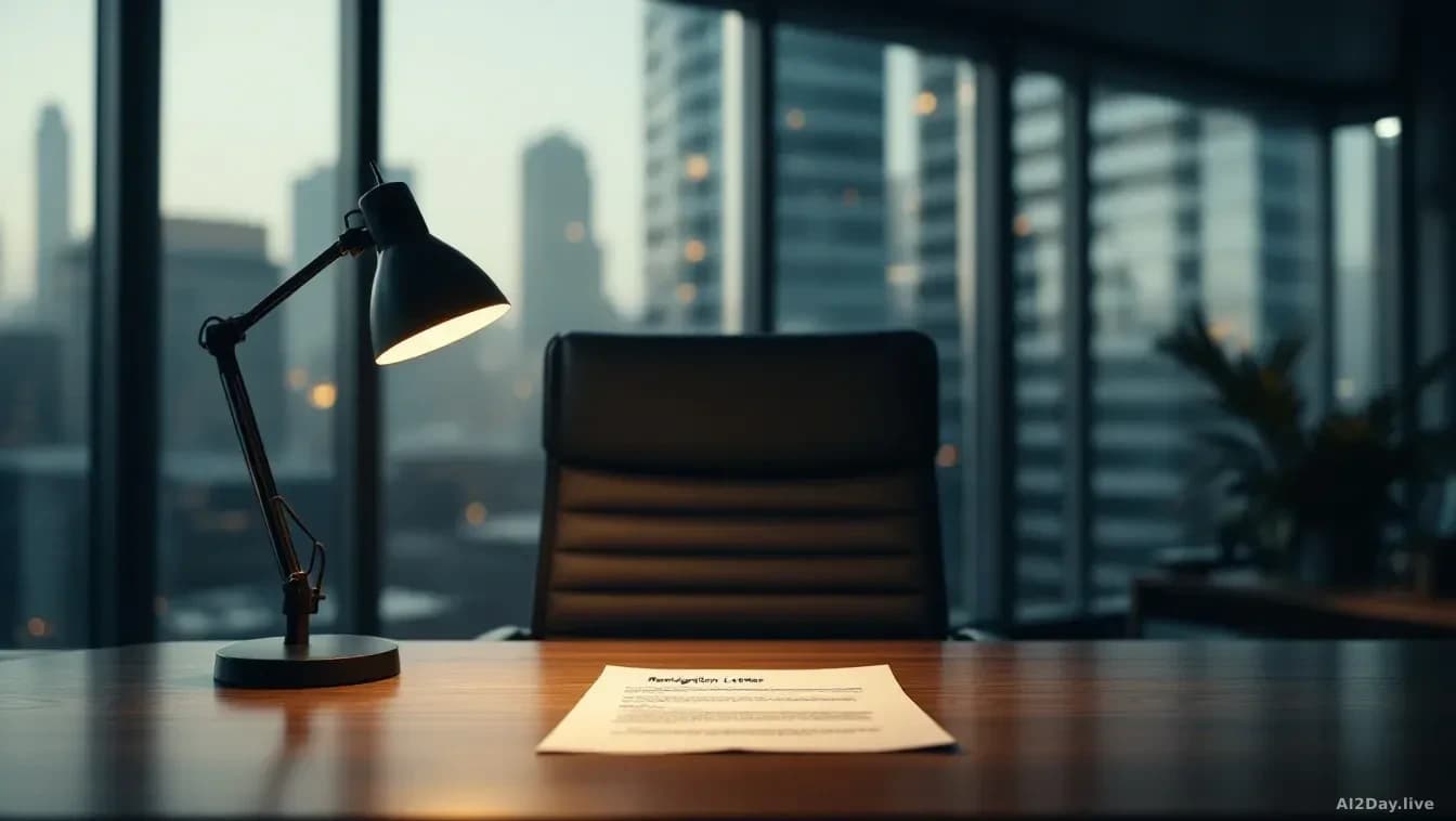 A dimly lit office with a single desk lamp illuminating an empty chair and typed resignation letter on the desktop, with corporate building windows visible thro