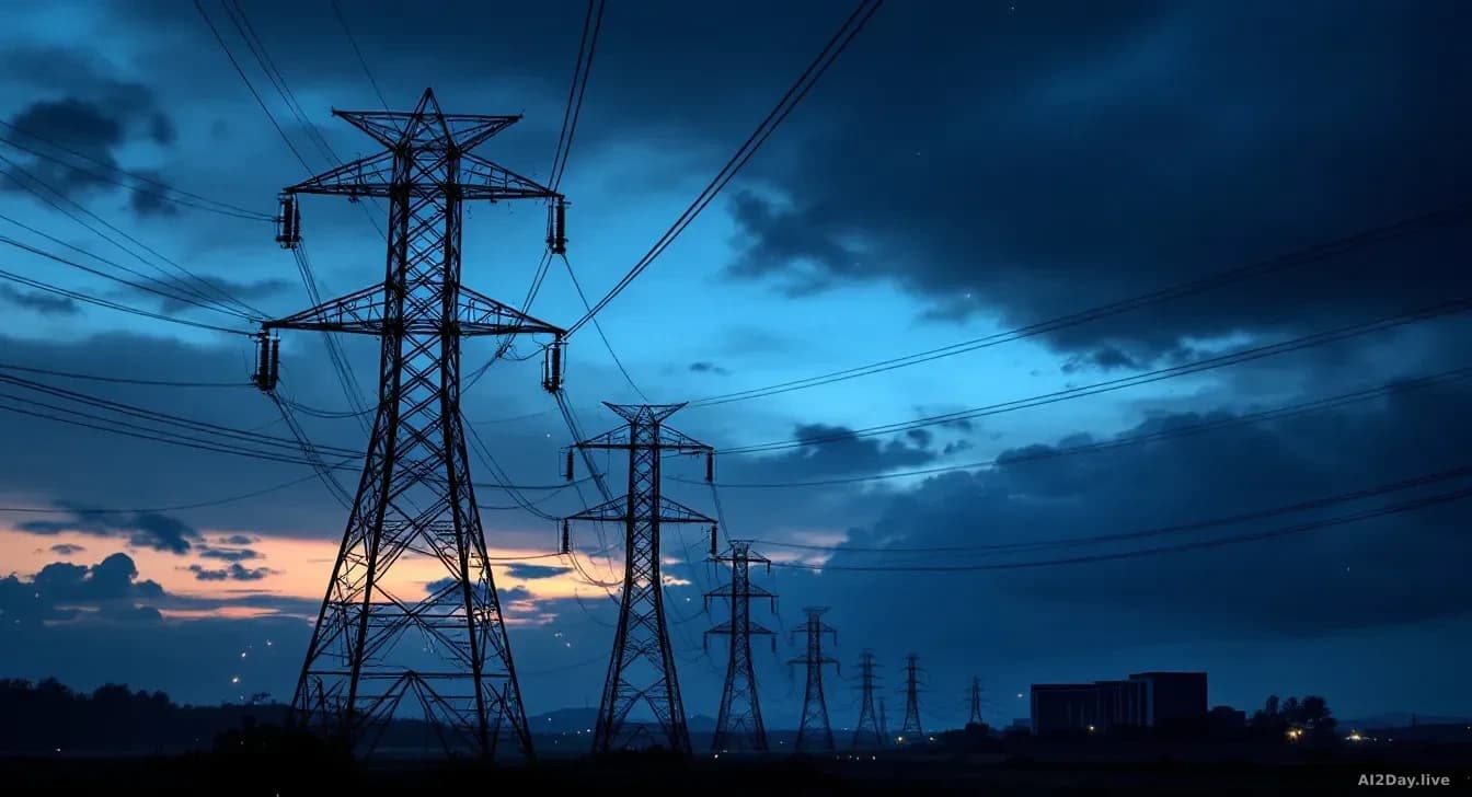 Electrical transmission towers and power lines silhouetted against a darkening sky during dusk, with sparks or electrical activity visible, and a data center bu