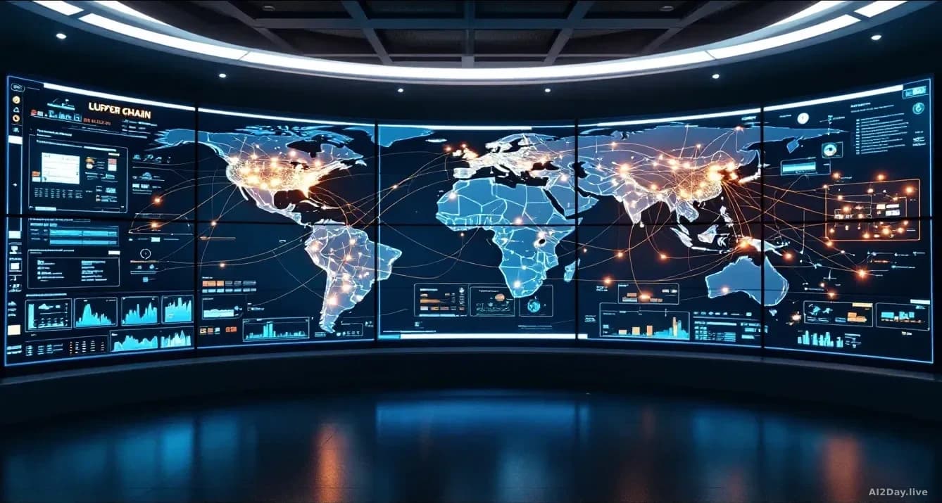 A control room with multiple large monitors displaying global supply chain networks as glowing node maps and flowcharts, showing interconnected logistics routes