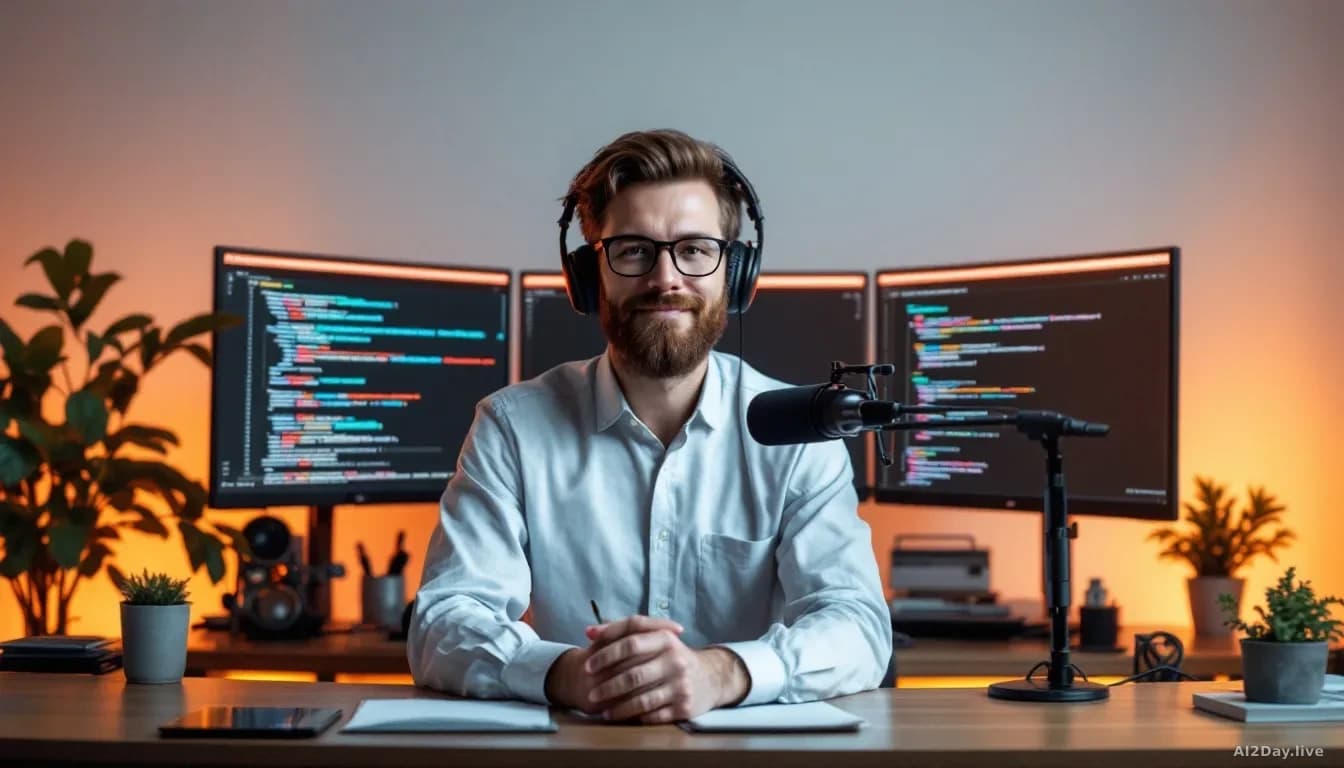 A podcaster or analyst seated at a desk with a microphone and notepad, multiple computer screens behind them displaying AI research papers and code samples