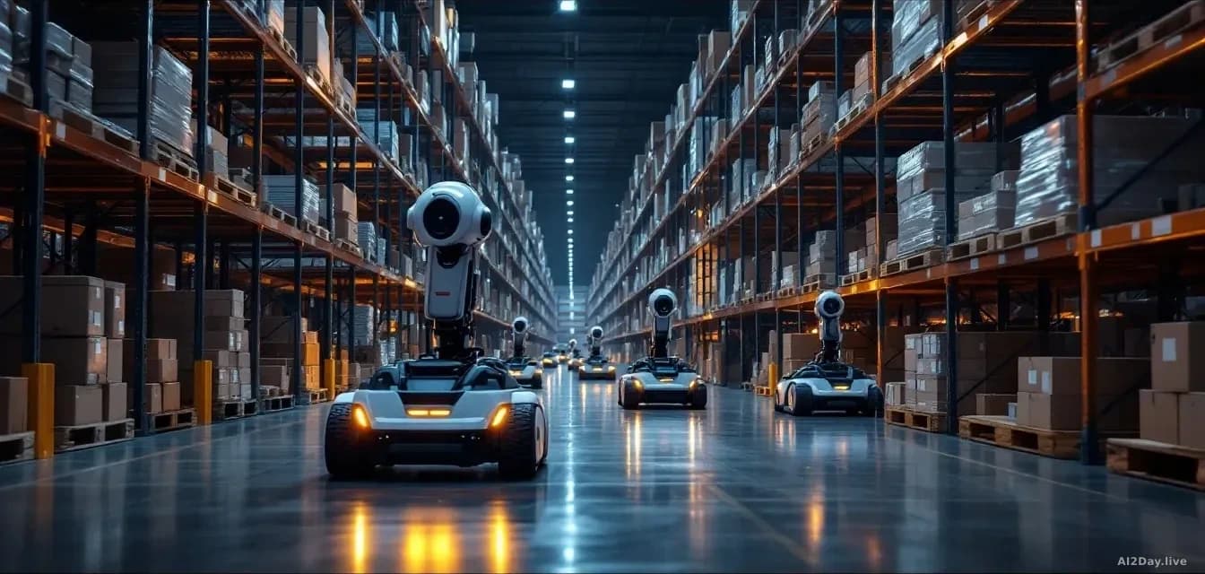 Illustration: A warehouse floor at dusk showing multiple autonomous mobile robots working simultaneously among tall shelving