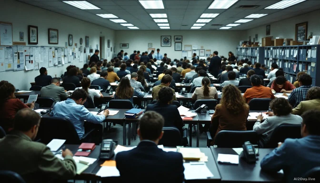 A crowded government office waiting room with numerous citizens seated filling out forms at desks, with phones ringing and filing cabinets overflowing in the ba