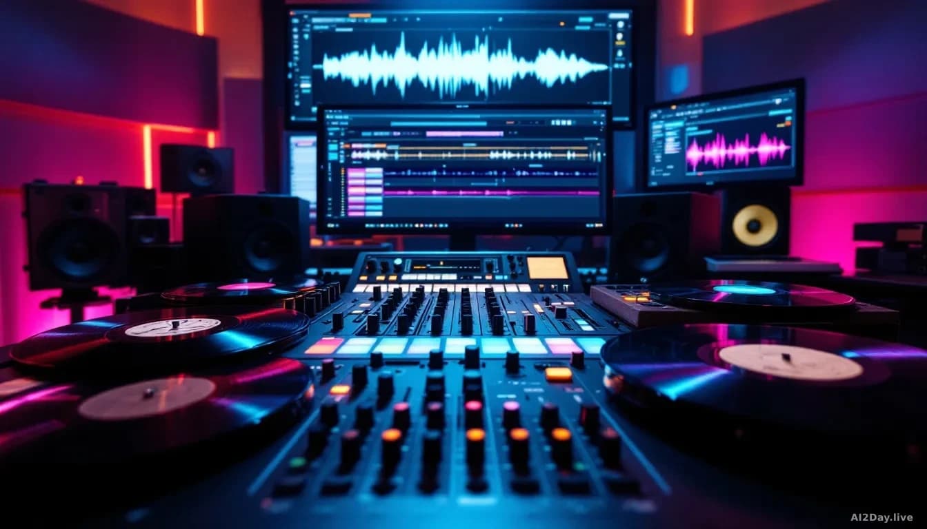 Vinyl records and digital audio equipment arranged on a studio console with remix software displayed on multiple monitors showing waveform tracks being manipula