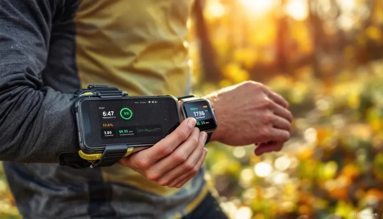 A runner in athletic wear checking their smartwatch during an outdoor trail run, with a mobile phone mounted on their arm displaying training data and pace metr