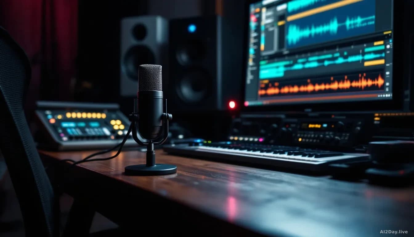 A recording studio setup with microphone and soundboard equipment sitting idle and dimly lit, while a computer workstation displays waveforms and audio editing 