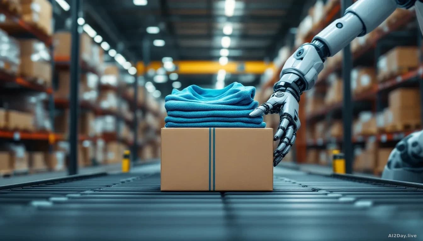 A robotic arm with precision grippers carefully placing folded athletic wear into a cardboard shipping box on a conveyor belt in a massive warehouse facility fi