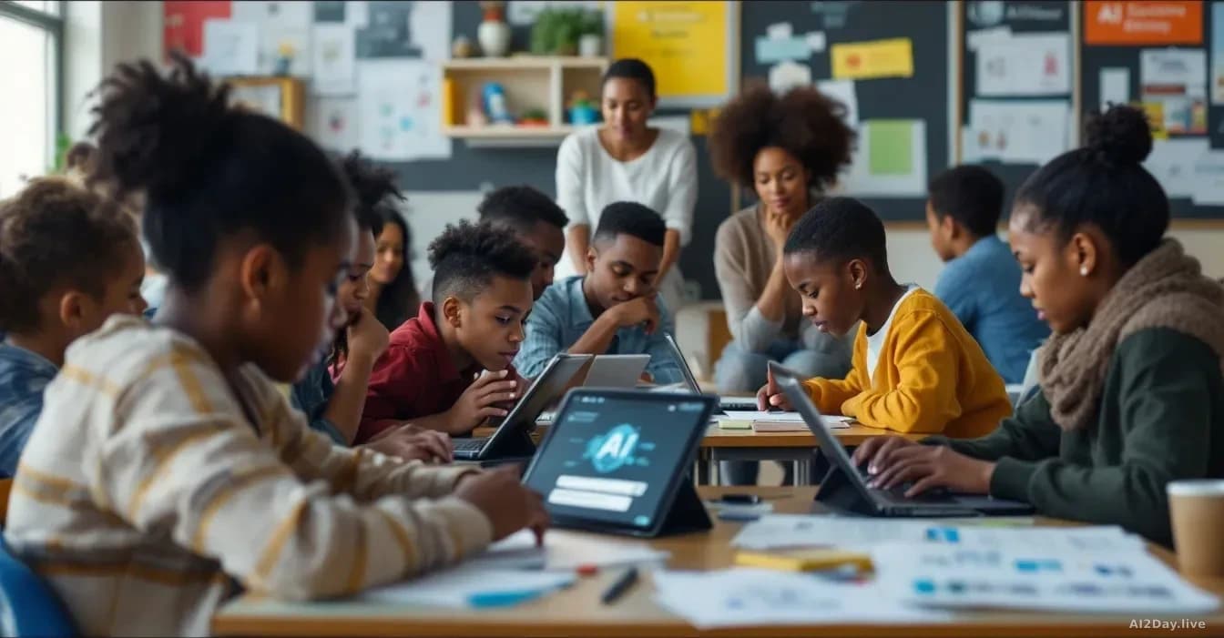 A diverse classroom setting where students use tablets and laptops with AI education software, parents and educators in the background looking skeptical, promot