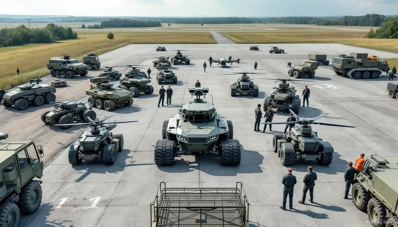 A modern robotics facility with unmanned ground vehicles and drone systems being integrated together on test grounds, engineers working with both aerial and ter