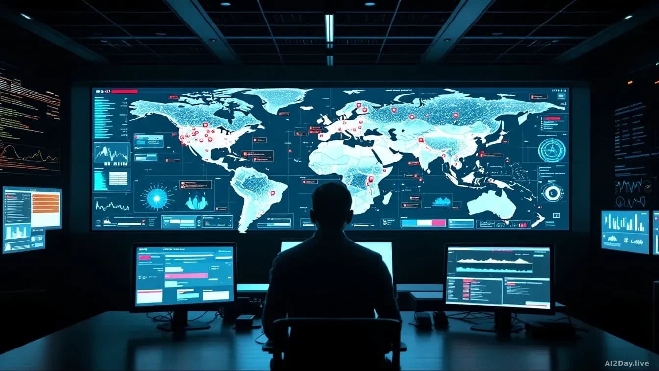 A cybersecurity operations center monitoring AI model security threats, analysts tracking distillation attacks on display screens, maps showing attack origins f