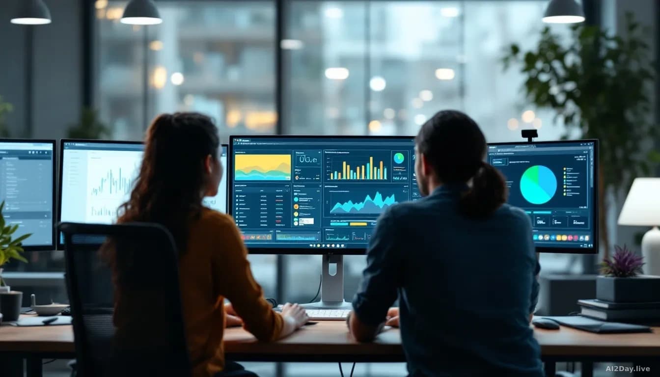 A modern office workspace where employees are viewing an interactive dashboard being created in real-time within a chat application interface on their desktop s