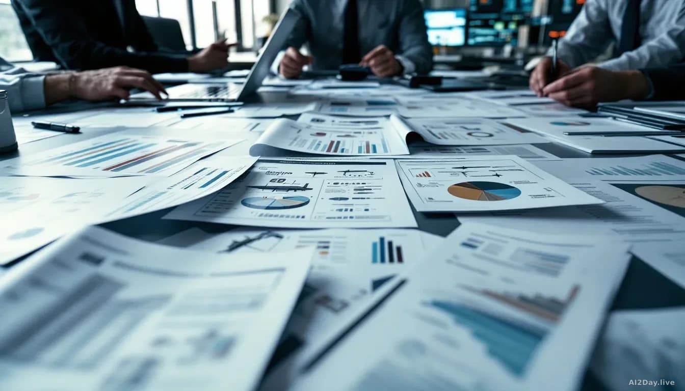 A technology security research office with pages of a comprehensive threat assessment report spread across desks, computer screens showing threat actor profiles