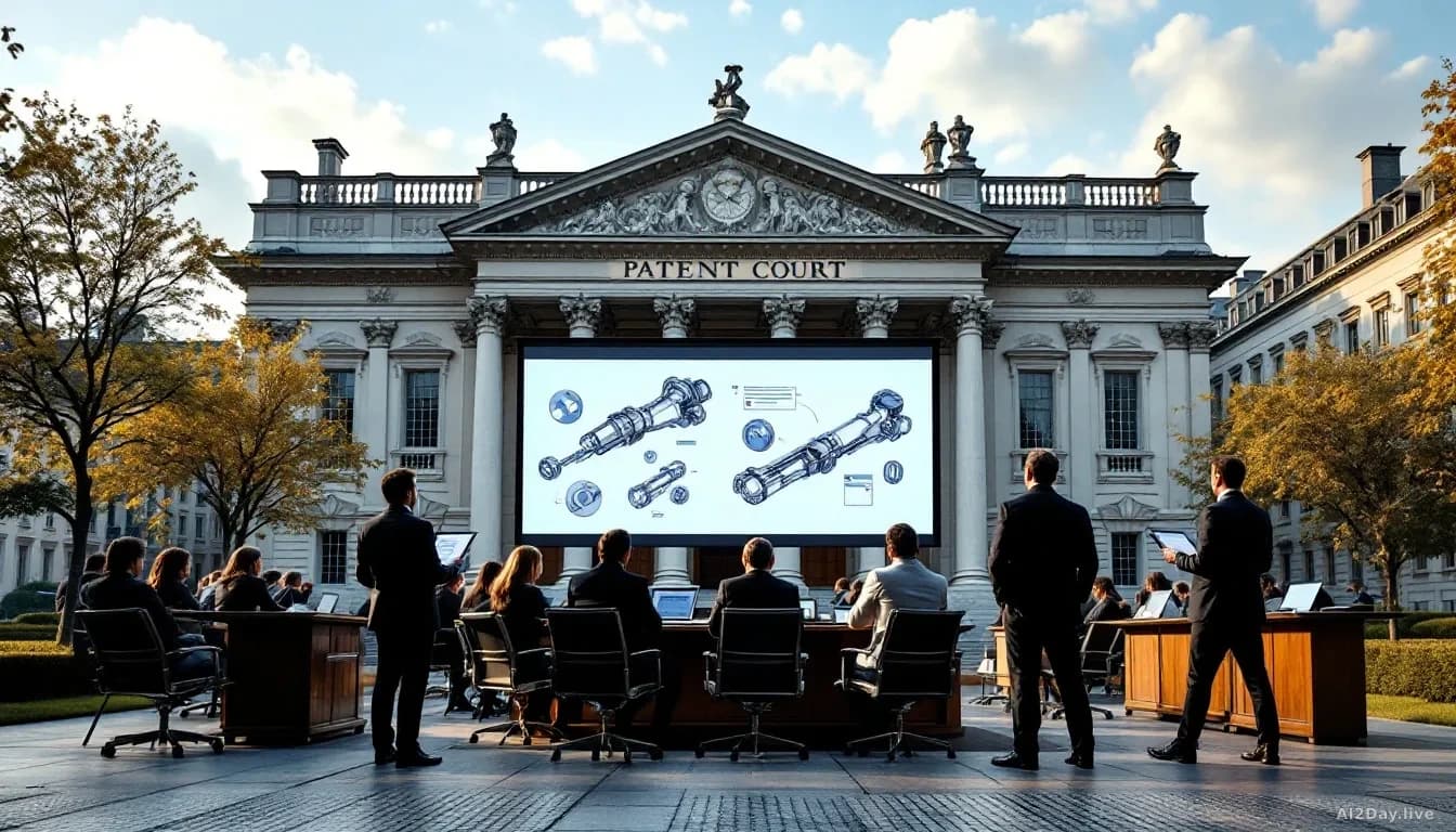 A European patent court building exterior with classical architecture, inside a modern courtroom where legal teams present technical diagrams of robotic joint c