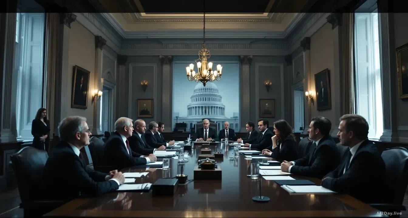 A Capitol Hill office building with formal meeting room interior where corporate executives and Congressional staff are seated at a long table during legal test