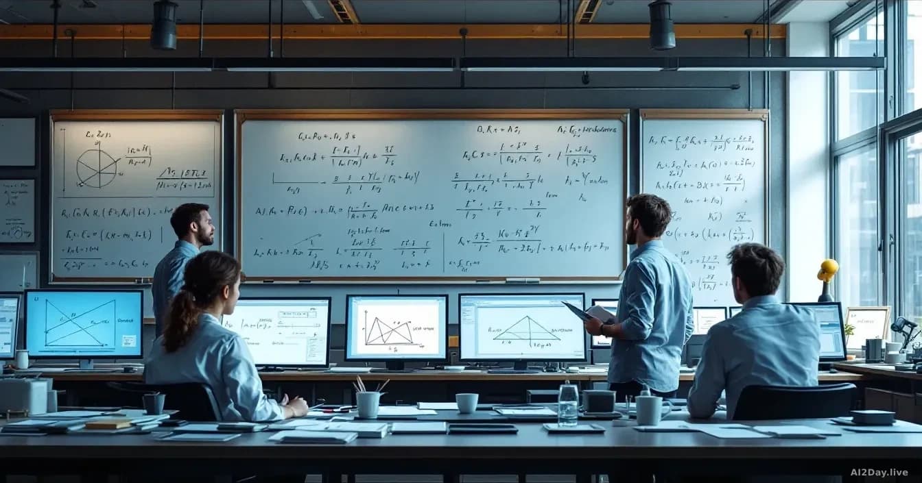 A mathematics research center with complex equations and geometric proofs displayed on whiteboards and monitors, AI-generated solutions shown alongside classica