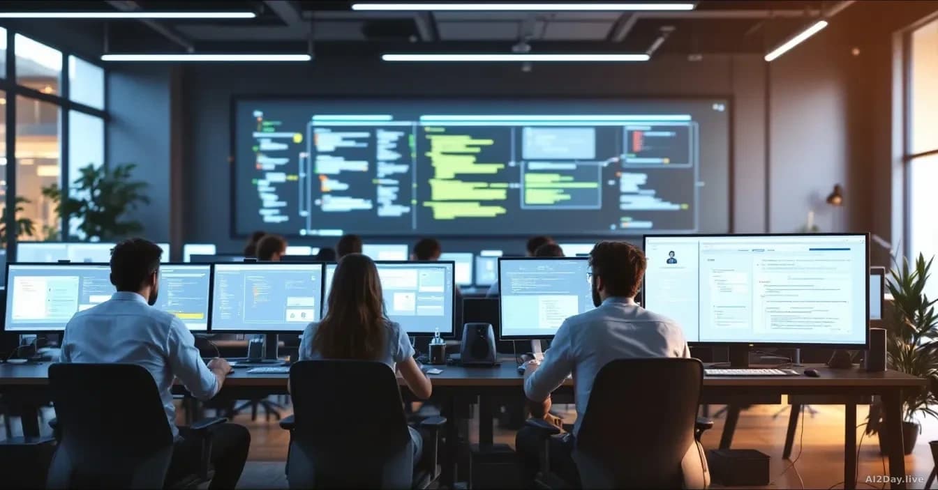 A corporate software development environment with multiple team members collaborating at workstations, AI interface panels visible on monitors showing suggested