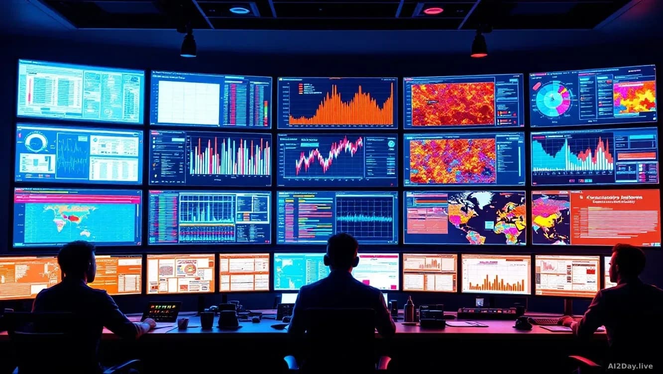 A cybersecurity monitoring center with large displays showing continuous network penetration test results, color-coded threat maps, security professionals revie