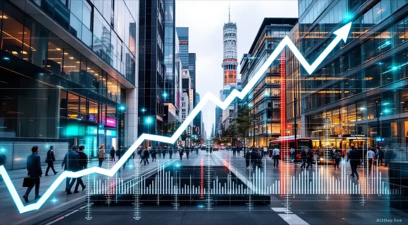 A bustling London financial district with modern office buildings and tech company headquarters, busy streets with professionals walking, growth charts and upwa