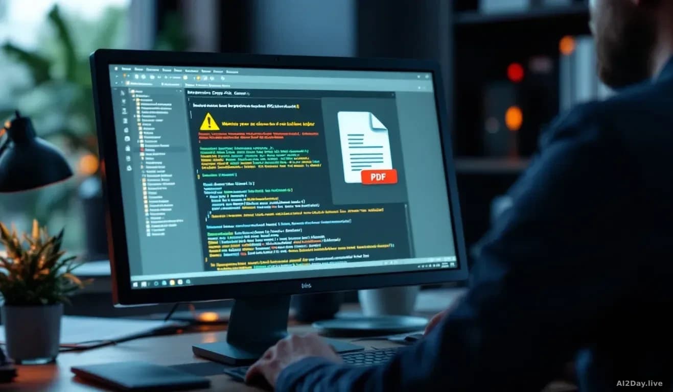 A corporate office worker at a desk receiving an email with an attached PDF document on their computer screen, warning notification icons appearing, suspicious 