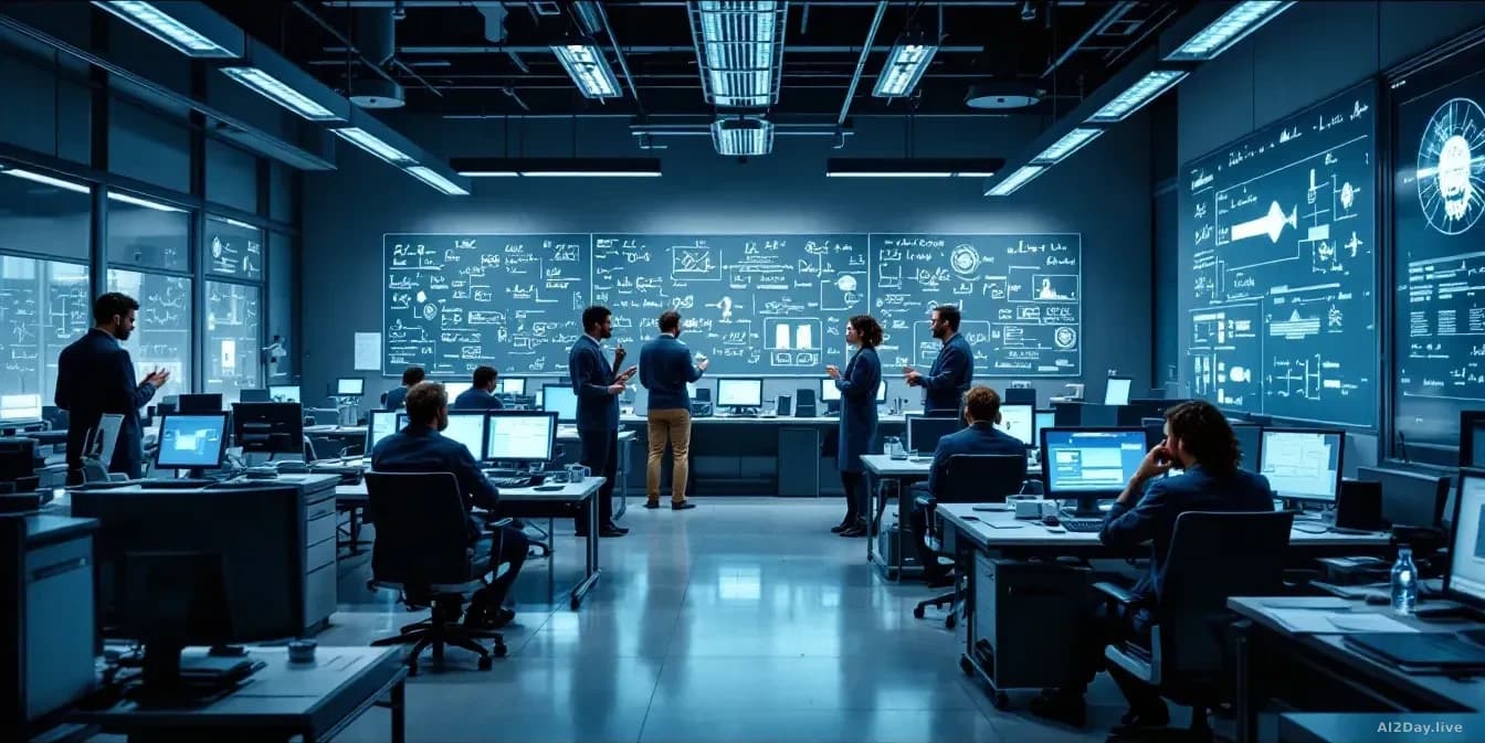 Inside a state-of-the-art AI research laboratory with multiple workstations, researchers in discussion, whiteboards filled with complex equations, some staff me