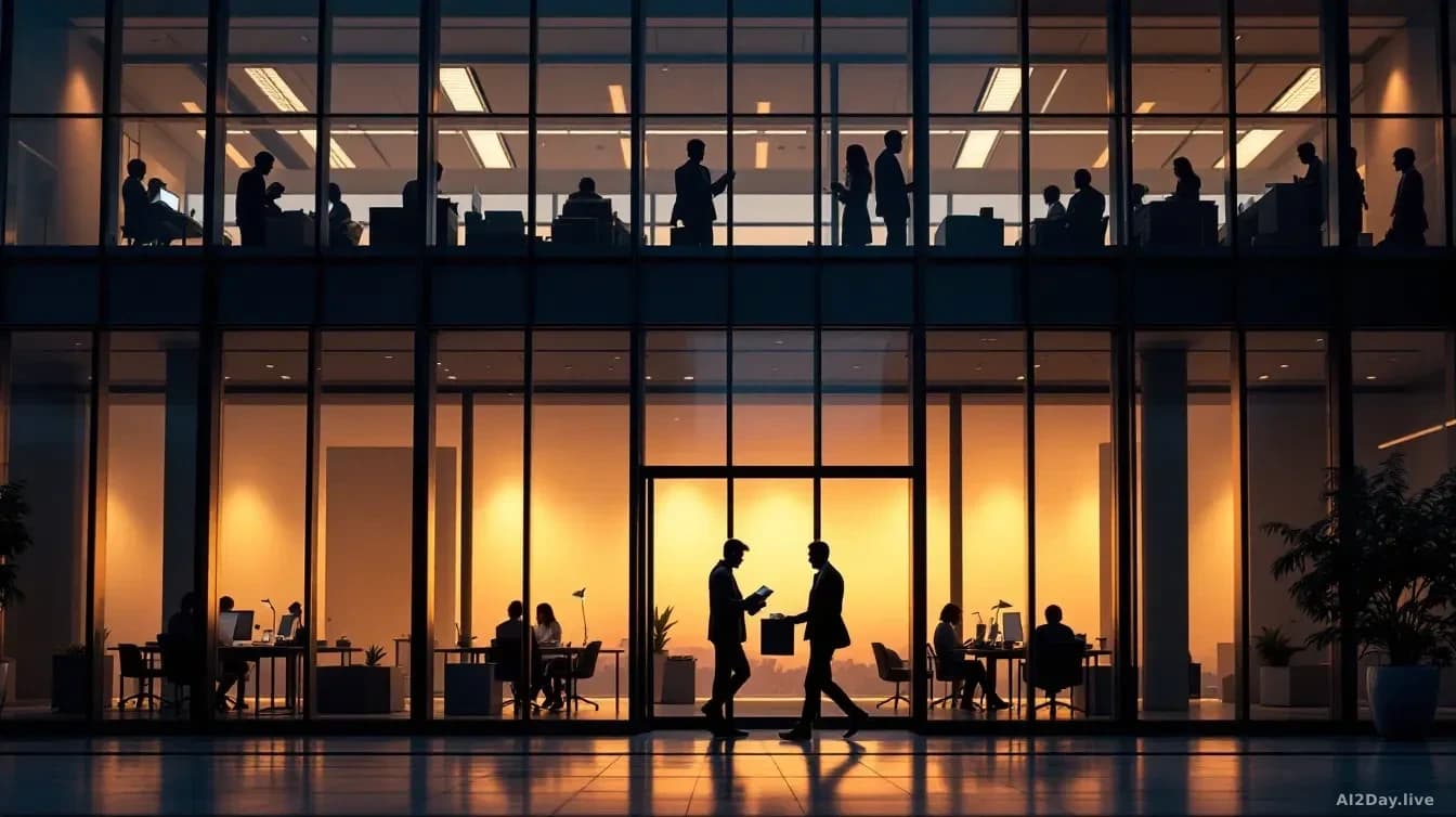 A modern office building with glass walls at dusk, silhouettes of people working at desks inside, one figure gathering personal items from a workspace and walki