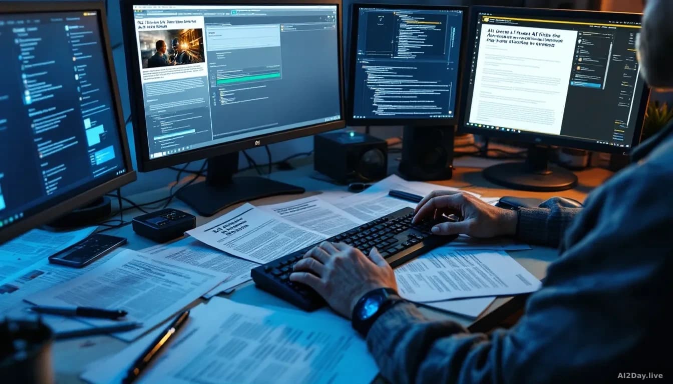 A journalist sitting at a desk surrounded by multiple computer monitors and printed news articles about AI risks, hand hovering over a keyboard mid-typing, pape