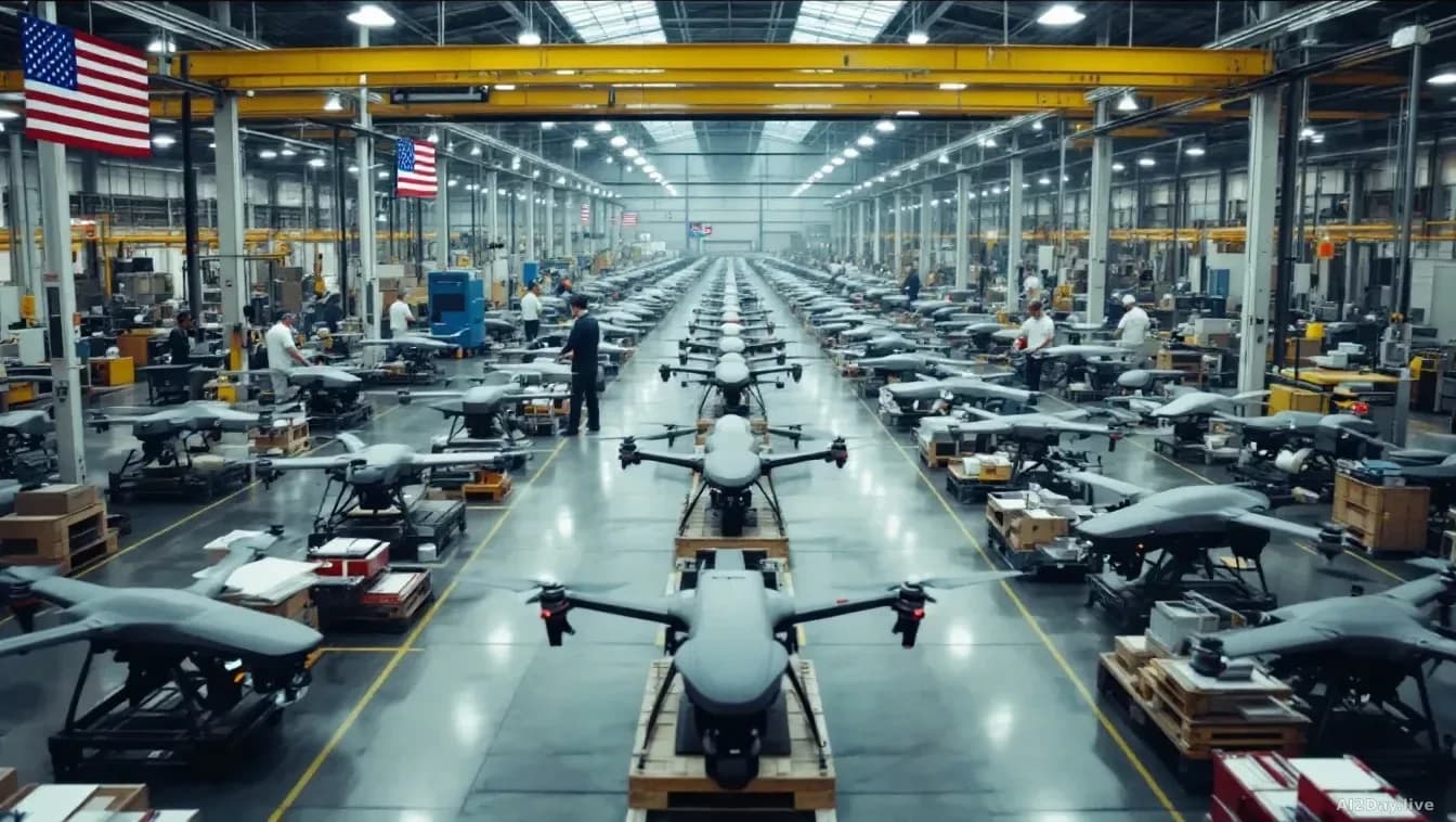A sprawling American manufacturing facility with rows of agricultural drones in various stages of assembly on factory floors, quality control workers inspecting