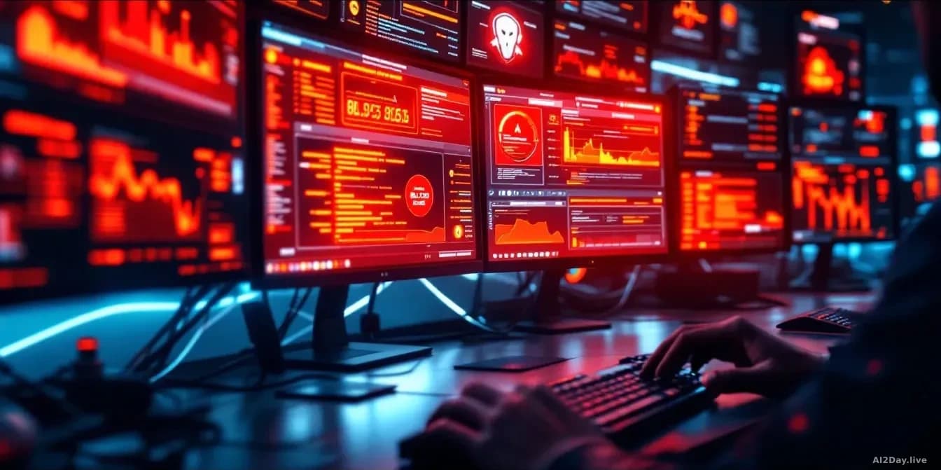 A computer security operations center with multiple monitors displaying warning alerts and threat detection dashboards, hands typing at keyboards, red warning i