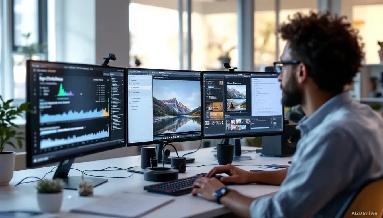 Apple researchers' lab with video playback systems running alongside caption evaluation metrics and accuracy scoring algorithms displayed, comparing AI-generate