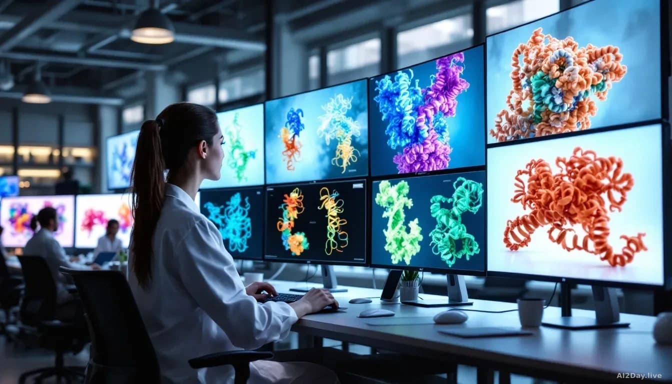 Apple's research lab with protein structure models displayed in 3D visualization on multiple monitors, scientists examining both molecular sequences and folded 
