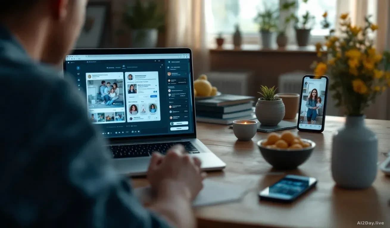 A home office setting with a parent's laptop displaying old family social media posts, Meta's AI interface showing compiled profile information about children, 
