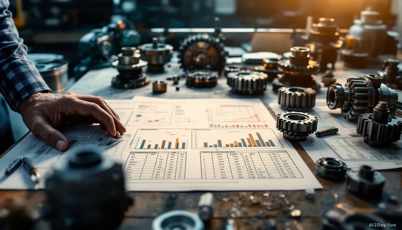 An engineering workbench with various rack and pinion mechanisms displayed, technical diagrams and cost comparison charts spread out, an engineer studying speci