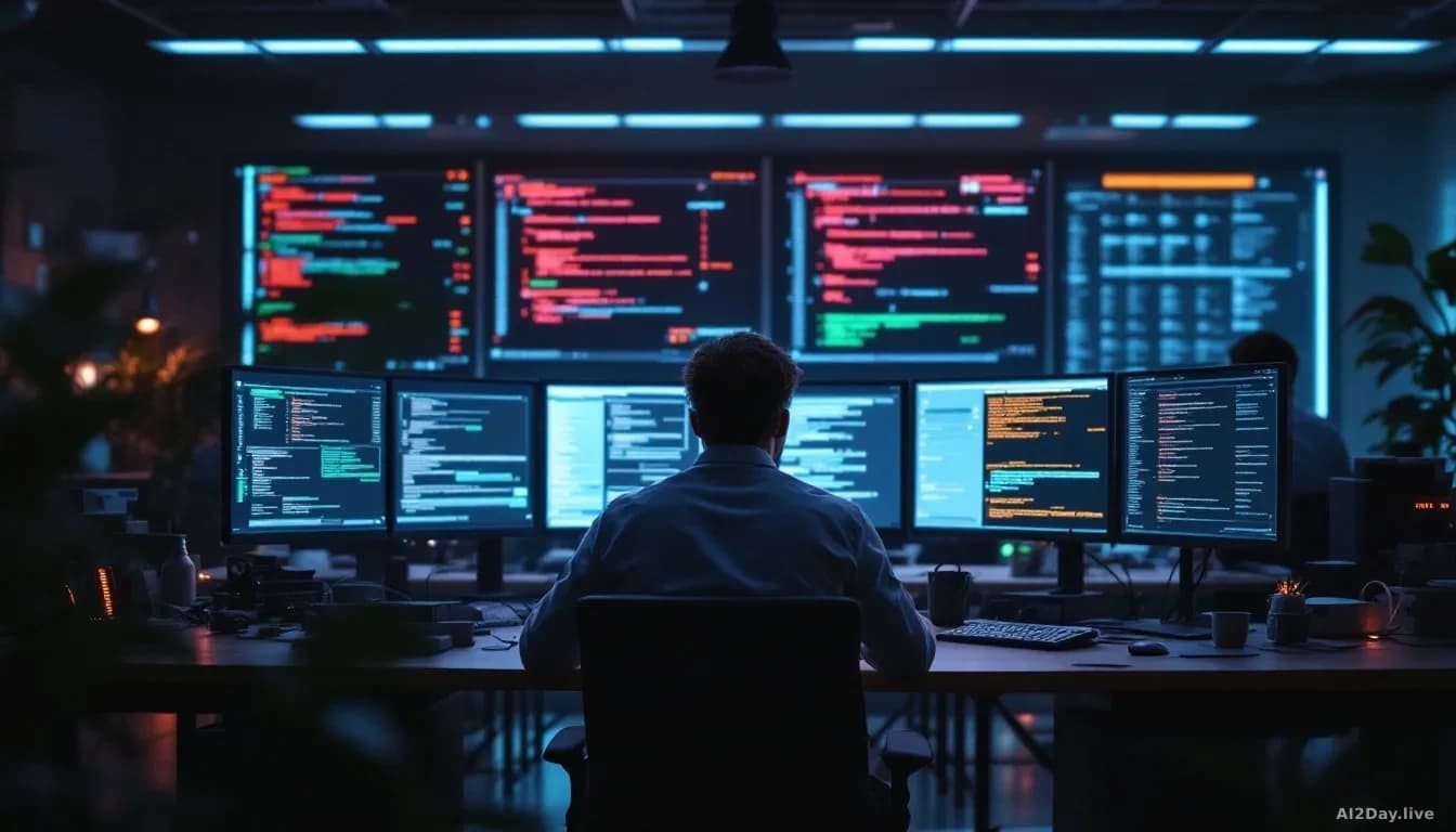 An AI lab with security breach alerts flashing across multiple monitors, researchers examining logs of credential theft and system intrusions, tension visible i