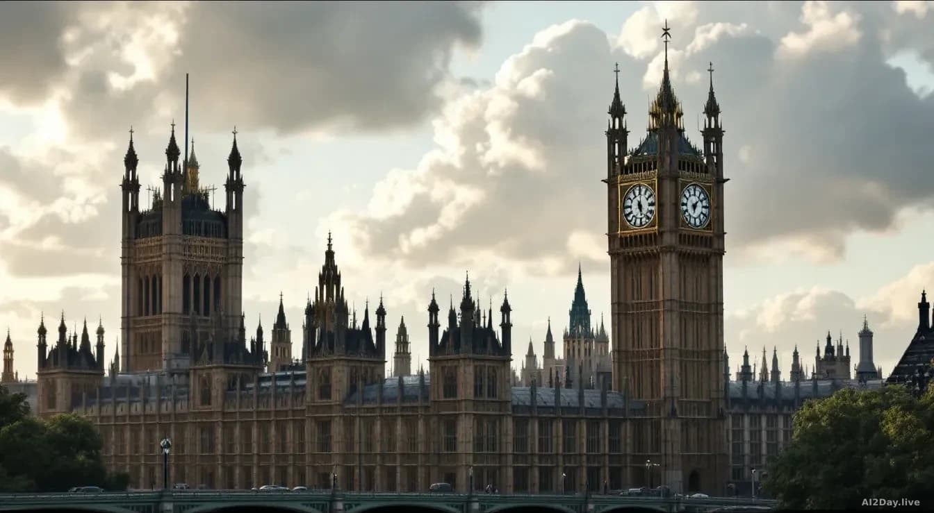 The UK Parliament building with lawmakers' signatures on legislative documents visible, plus charts showing AI risk assessments and international coordination d