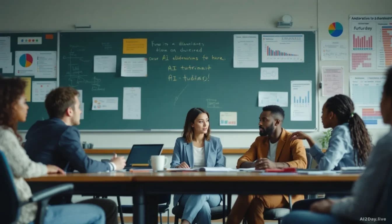 A classroom scene with students and educators discussing alternatives to AI tutoring, with traditional teaching materials, discussion notes, and funding allocat