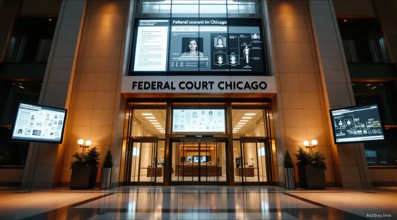 A federal courthouse entrance in Chicago with legal documents and facial recognition technology diagrams displayed on surrounding screens, portraying the lawsui