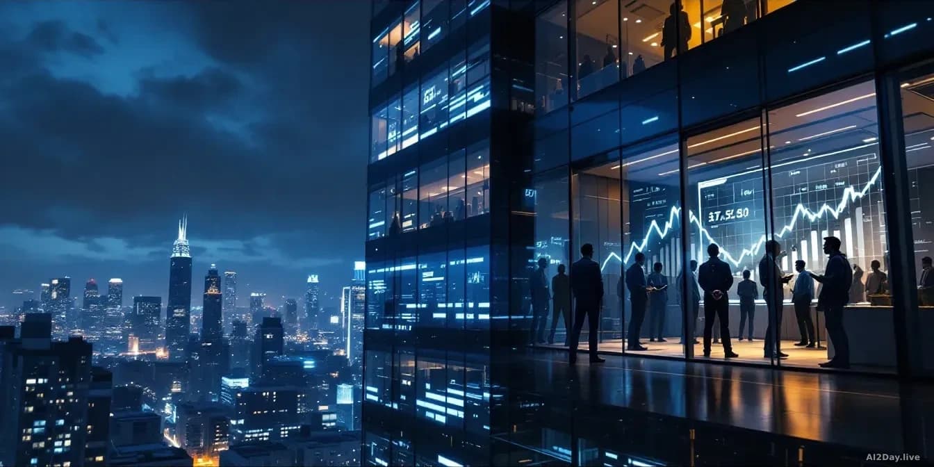 A high-rise tech office building at night with glowing windows, a large revenue target figure displayed on an interior screen, and shadowy figures of workers in