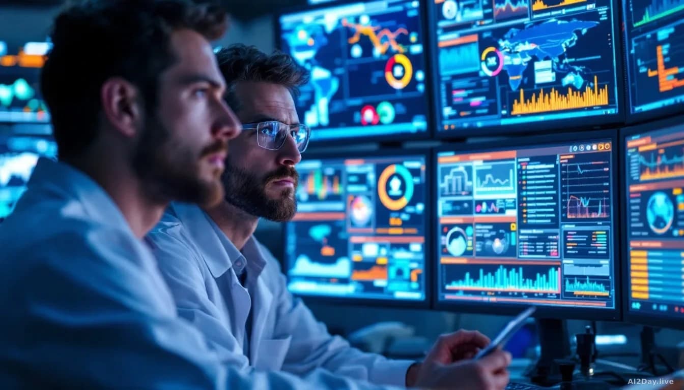 Three researchers in an AI lab looking serious while reviewing monitoring screens and safety dashboards, with warning indicators and data visualizations reflect