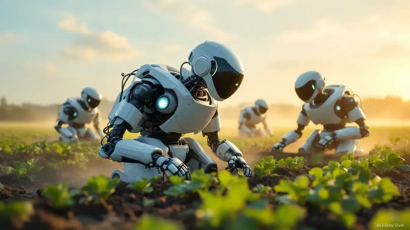 Multiple autonomous farm robots working together in a field, one harvesting while another tends soil and a third monitors conditions, demonstrating coordinated 