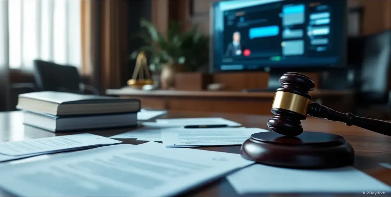 A courtroom scene with legal documents spread across a judge's bench, a computer screen showing chatbot interface, and a gavel, illustrating the collision betwe