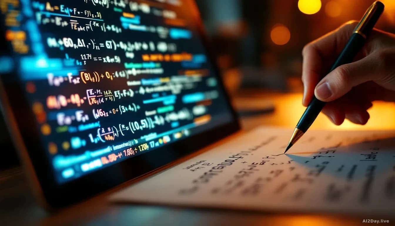 A hand writing mathematical equations on paper next to a glowing computer screen displaying AI-generated proofs, symbolizing the tension between traditional mat