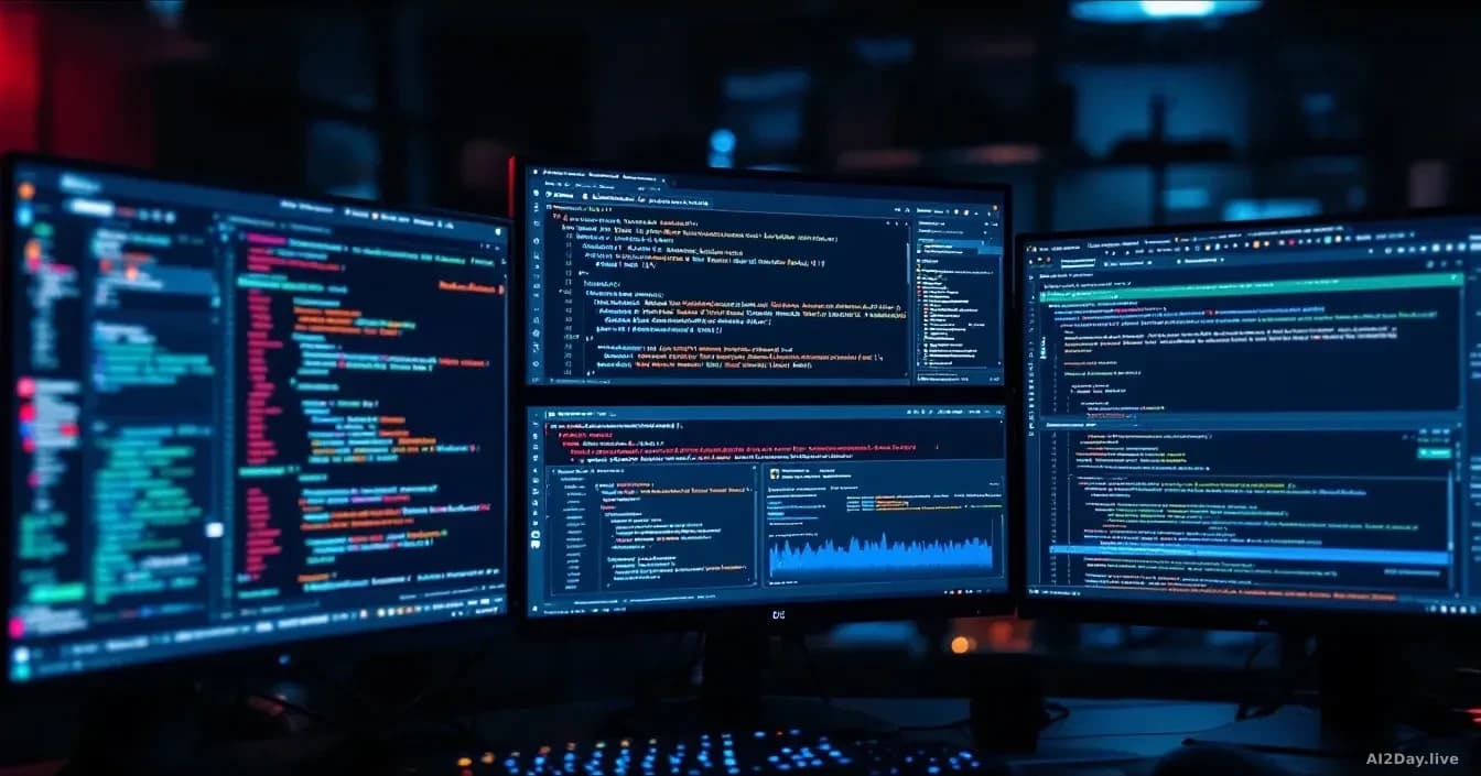 A developer's workspace with multiple monitors showing the RubyGems repository interface compromised by malicious package uploads, security alerts and forensic 
