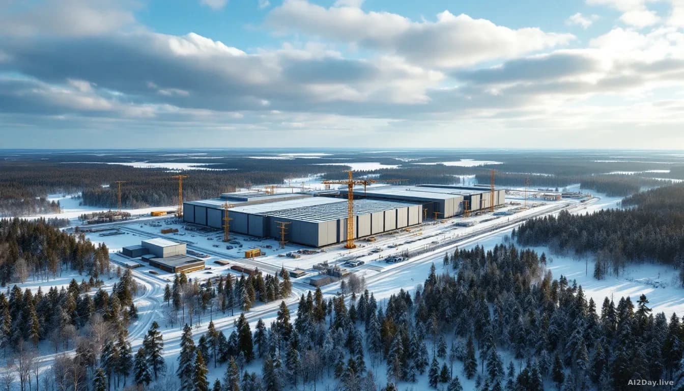 A vast Finnish landscape with a massive data center complex under construction, forests and power infrastructure surrounding the facility, cool northern climate