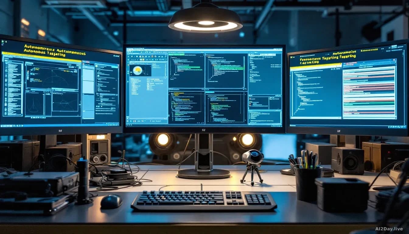 Technical workstation showing drone control software and autonomous targeting code on monitors, research facility setting revealing sophisticated weapons techno