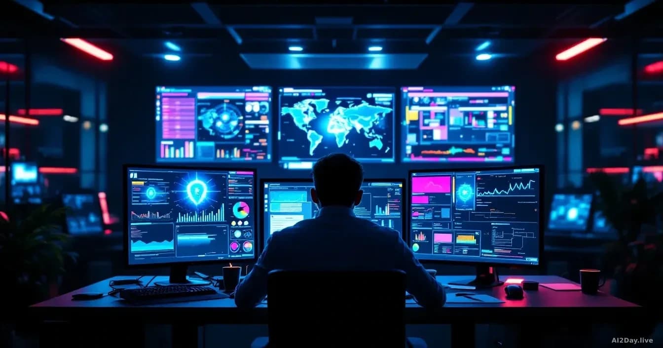 A corporate security operations center at night with multiple screens showing AI threat monitoring, a security professional at desk appearing stressed, flickeri