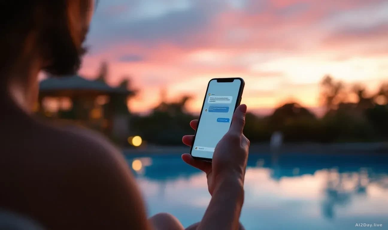 Illustration: A person sitting poolside at dusk with a smartphone displaying a chat interface